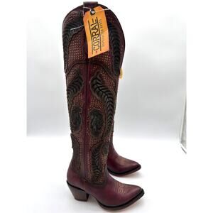 Corral Western Dark Pink Maroon Artisan Denim Embroidery OTK Stud Boot A4703 8
